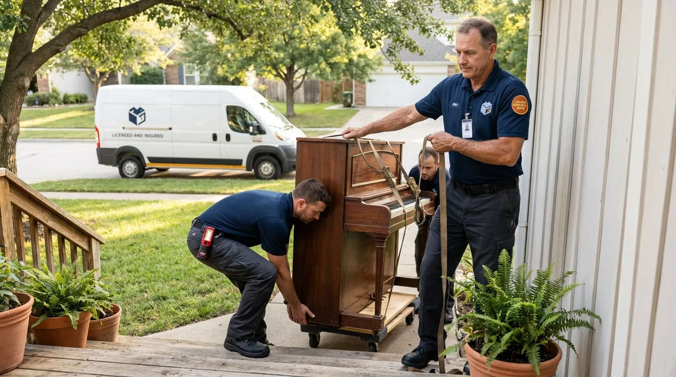 Licensed piano movers securing grand piano in Markesan, WI