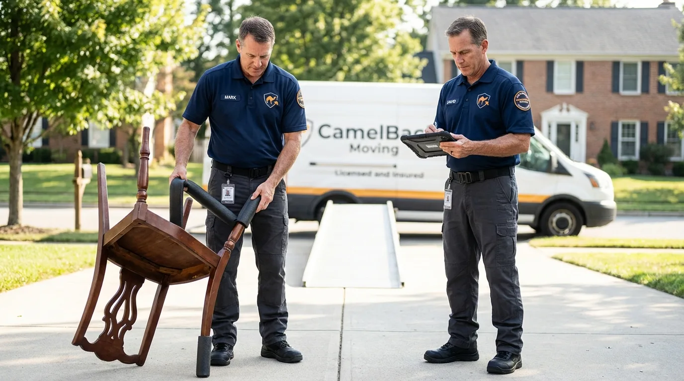 Movers inspecting furniture for damage prevention before loading in Markesan, WI
