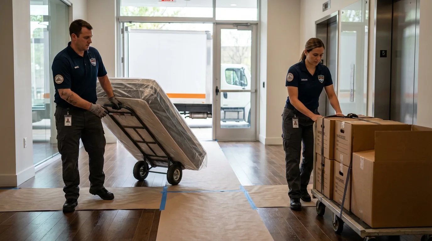 Professional apartment movers loading elevator in Markesan, WI